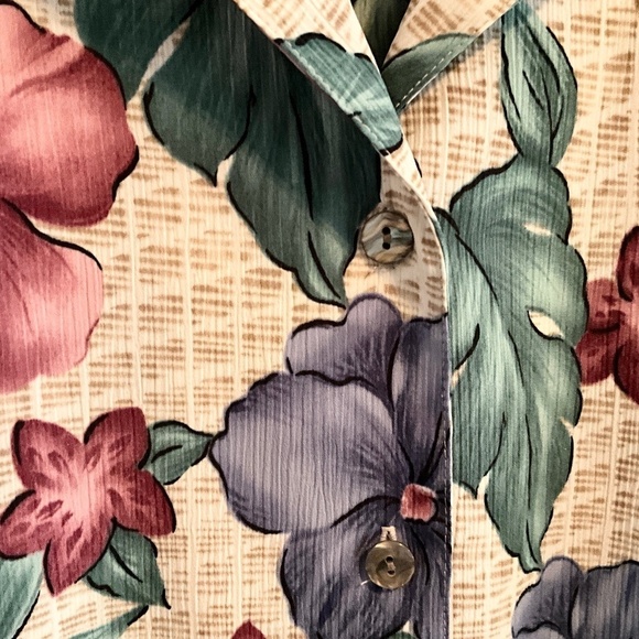 Vintage Button down shirt Tropical Floral Mixed print Aloha Cream Blue Dark 14 - Picture 6 of 8